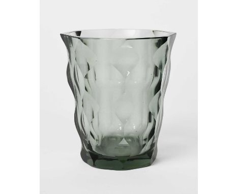 A Stevens and Williams Brierley Hill cut-glass vase designed by Keith Murray, smoked grey glass, flaring cylindrical form wit