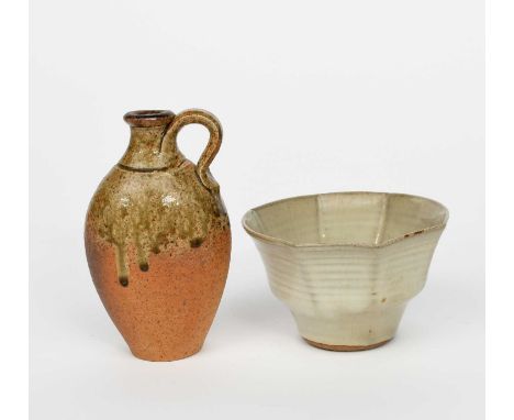 Paul Barron (1917-1983)Flaring bowlstoneware, flaring to hexagonal form, covered in an ash glaze, and a small stoneware flago