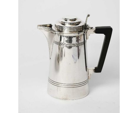 A Mappin &amp; Webb electroplated coffee pot and cover designed by Keith Murray, tapering cylindrical form with hinged steppe