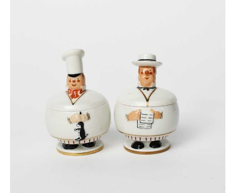Φ Two Robj Paris Village Counsel porcelain jars and covers, each printed and painted in colours, one modelled as a butcher, t