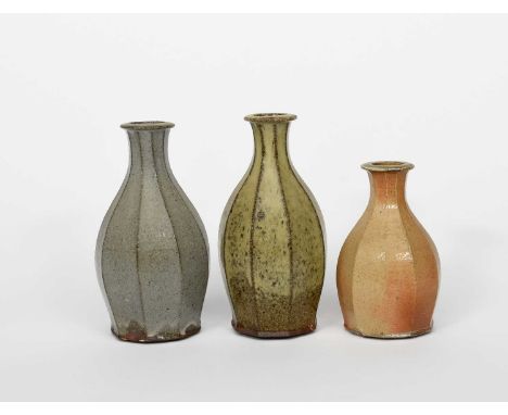Phil Rogers (1951-2020)Bottlestoneware, faceted form, covered in an ash glaze, another covered in a grey glaze and another sm