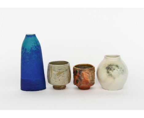 Phil Rogers (1951-2020)Unomistoneware with incised fish panels, covered to the foot with an ash glaze, a bottle vase by Emily