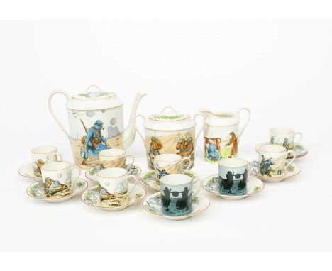 A Limoges Porcelain La Grande Guerre coffee set with designs by Job (Jacques Marie Gaston Onfroy de Breville), comprising, co