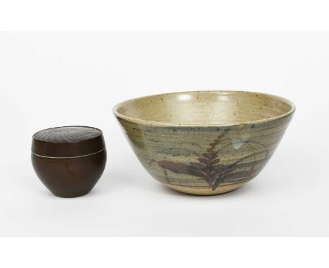 David Leach OBE (1911-2005)Bowlflaring stoneware bowl painted with a foxglove motif in tenmoku on an ash ground, and a box an