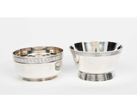 A Mappin &amp; Webb electroplated bowl designed by Keith Murray, footed form, with cast geometric band to top rim, and anothe