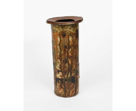 Φ Janet Leach (1918-1997)Cylinder vaseLeach Pottery stoneware cylinder with flaring rim, running glazeimpressed seal marks32.