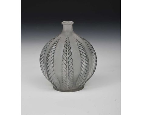 'Malines' no 957 a Lalique clear and frosted glass vase designed by Rene Lalique, moulded in relief, stained blue-green, inta