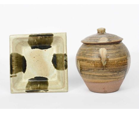 Phil Rogers (1951-2020)Square dishstoneware covered in an ash glaze with four painted olive patches to the rim, and a stonewa