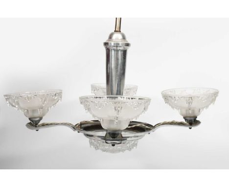 A set of five Art Deco gilt metal ceiling lamps, the tapering frame cast with foliage, set with frosted glass shades also cas