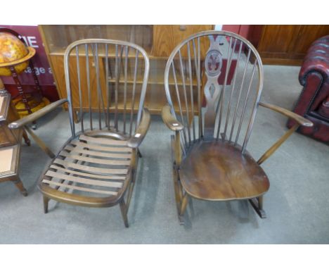 An Ercol Golden Dawn elm and beech rocking chair and an armchair 