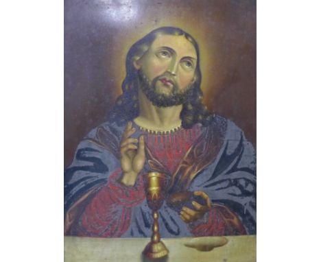 Italian School, portrait of Jesus, oil on tin, 33 x 25cms, framed 