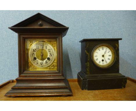 A 19th Century German Junghans mahogany mantel clock and a Belgian slate mantel clock, a/f 