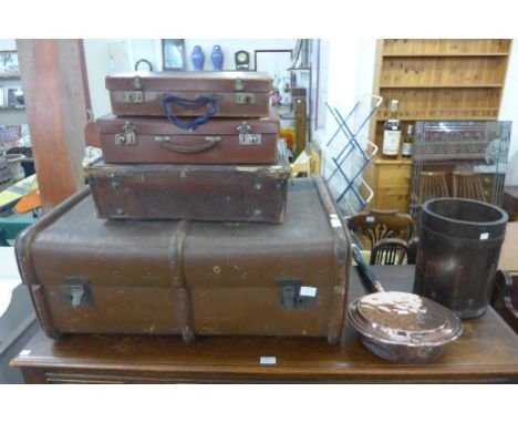A banded travel trunk, suitcases, copper bedwarmer, etc. 