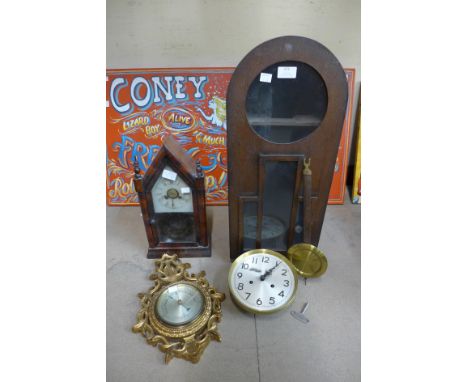 Two clocks and a gilt aneroid barometer 