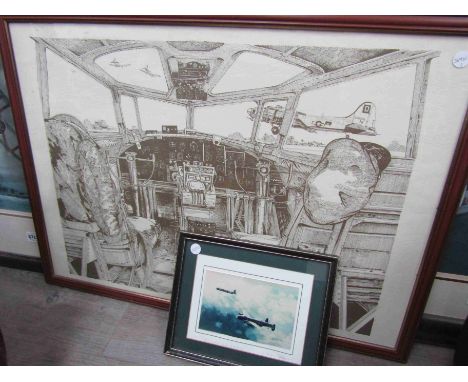 A framed and glazed print of cockpit view of Thorpe Abbots 199th Bomber Group, and a pencil signed photograph "Lancaster and 