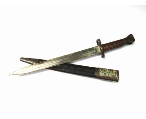 A Victorian 1888 pattern bayonet dated 97, Sanderson Sheffield with leather and steel scabbard