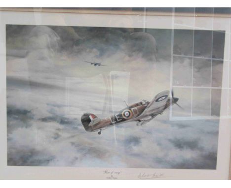 A Robert Taylor Hurricane print ''First Of Many'' over Cromer beach, pencil signed by Fighter Ace Douglas Bader, framed and g