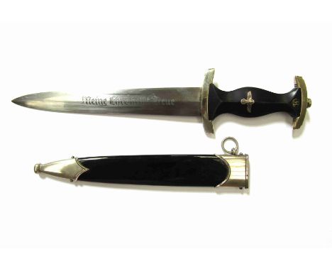 A German 1934 pattern style SS Officer's dagger with "Meine Ehre Heist Treve" engraved blade, with scabbard.  Buyer to determ