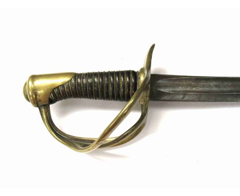 A French Model 1822 style light cavalry trooper's sword, the brass three bar swept hilt with brass wired leather ribbed grip,