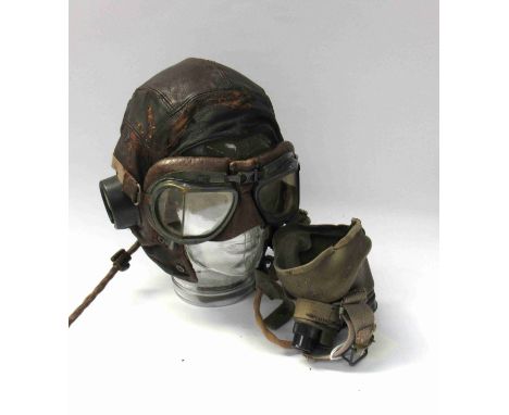 An RAF C Type flying helmet with headset, G Type oxygen mask, Mk VIII flying goggles with glass display head