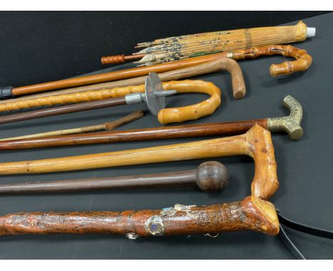 Walking Sticks - an early 20th century rosewood knobkerrie walking stick, others, stick seat, horn handled riding crop, etc q
