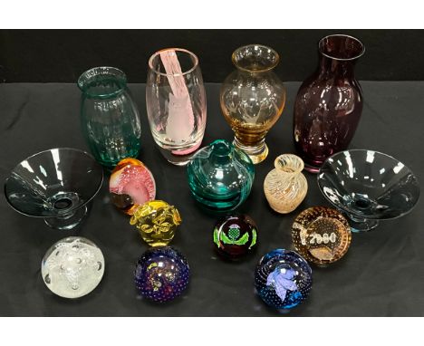 Caithness paperweights including; Cauldron, Primary colours, Congratulations; engraved vases (15)