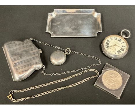 A Selection of Silverware and a commemorative five shillings coin cased;the silverware includes a sovereign case, a ladies si