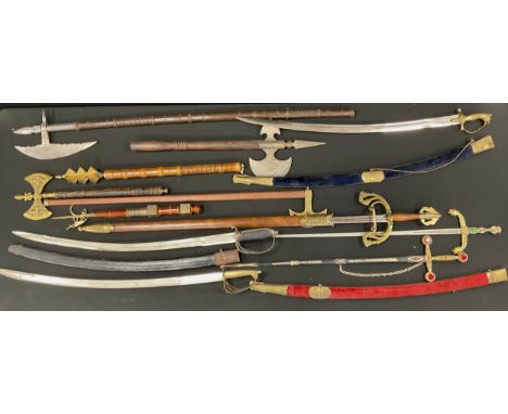 A replica battle axe, others Mace, sabre swords, Claymore, etc, qty.