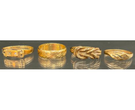 A 9ct gold tied knot dress ring, others, Buckle, plain band etc size K to O, 8.4g gross