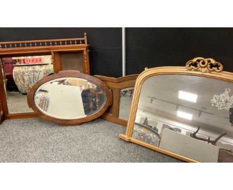 A late Victorian mahogany over-mantel mirror, 84cm high x 127cm wide;  another gold-painted arch-top over-mantel mirror, etc,