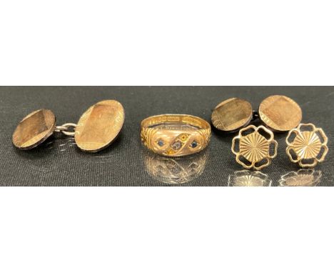 A 15ct gold diamond five stone dress ring, (missing two stones), Birmingham 1898, 1.5g gross,  a  pair of 9ct gold floral ear