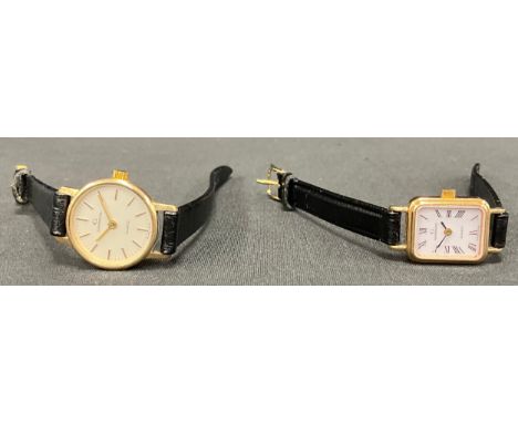Garrard - a lady's 9ct gold cased quartz dress wristwatch, Birmingham 1986, leather strap,  12g gross;  another smaller Birmi
