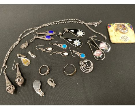 A Charles Rennie Mackintosh style silver rose brooch, two pairs of pietra dura pendant earrings , others lapis lazuli, abalon