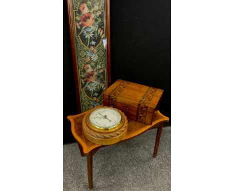Boxes and objects - a long embroidered and embellished panel, 155cm x 23cm, Victorian inlaid work box, 30cm long, barometer w