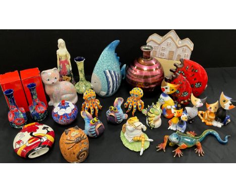Old Tupton ware including a pair of square shaped vases, Clarice Cliff style moon vase, 15cm high, Peter Rabbit figure of Mr 