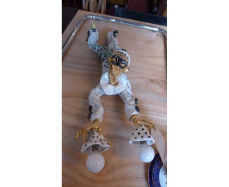 A pair of ceramic hanging Jester lamps, together with a 19th century cherub chandelier 