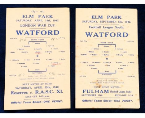 Football programmes, Reading v Watford, two single sheet programmes, 18 April 1942 London War Cup (tc &amp; scores noted) &am
