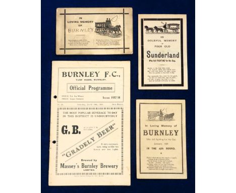 Burnley FC, three In Memorium cards, early 1900's, two in memory of Burnley FC, Cup defeat at Swindon, January 1929, also one
