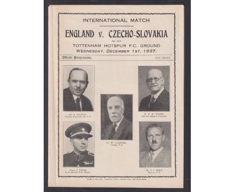 Football programme, England v Czechoslovakia played at Tottenham Hotspur on 1 Dec 1937, large 4 page issue (vg)