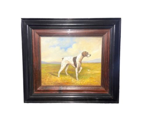 20th century school
Portrait of standing English Pointer
Oil on card, framed and glazed.
30cm x 17.5cm