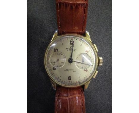 A Breitling Chronograph, gents, manual wind, gold plated wristwatch circa mid 20th century, the silvered dial with Arabic num