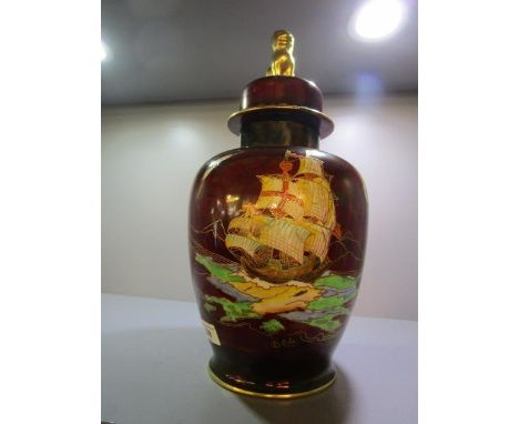 A Crown Devon rouge royal ship pattern ginger jar and cover, signed D Cole to the pattern, 15 2/8"h 