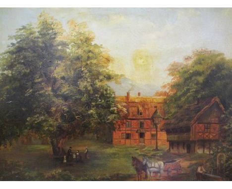 Late 19th century British School - a view of a man by a trough, a horse and cart and family under a tree with a house and a b