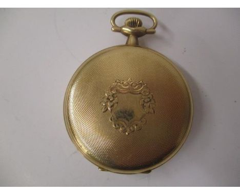 A gold coloured metal, keyless hunter pocket watch stamped Keystone 14k with engine turned decoration, the white enamelled di
