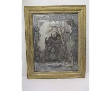 A mid 20th century Iranian engraved panel, a portrait of Omar Kiam smoking, 22" x 28", in a marquetry frame 