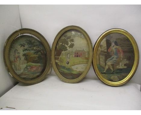 Three early/mid 19th century embroidered panels, one depicting an allegorical scene of a man kneeling down before a woman, 16