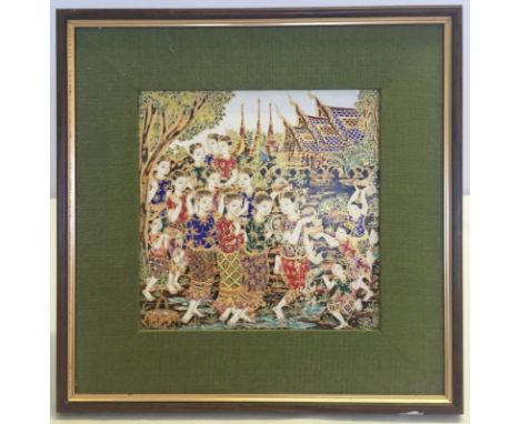 A Thai/Burmese framed ceramic tile with hand painted scene, frame size approx 30 x 30 cm.  