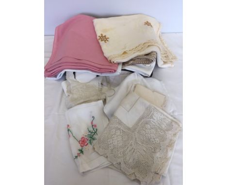 A box of assorted vintage linen & lace. To include embroidered table cloths and napkins. 