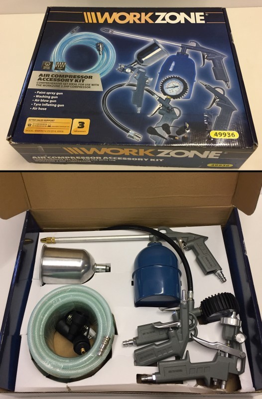 A boxed Workzone Air compressor accessory kit. To include paint spray