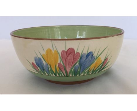 An A.J Wilkinson Honey glaze "Crocus" bowl with green interior. Probably Clarice Cliff but not marked as such. Approx. 19.5cm